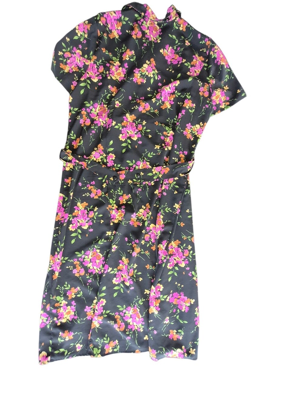 Vintage Black Floral Short-Sleeve Midi Dress — Pink & Orange Blooms